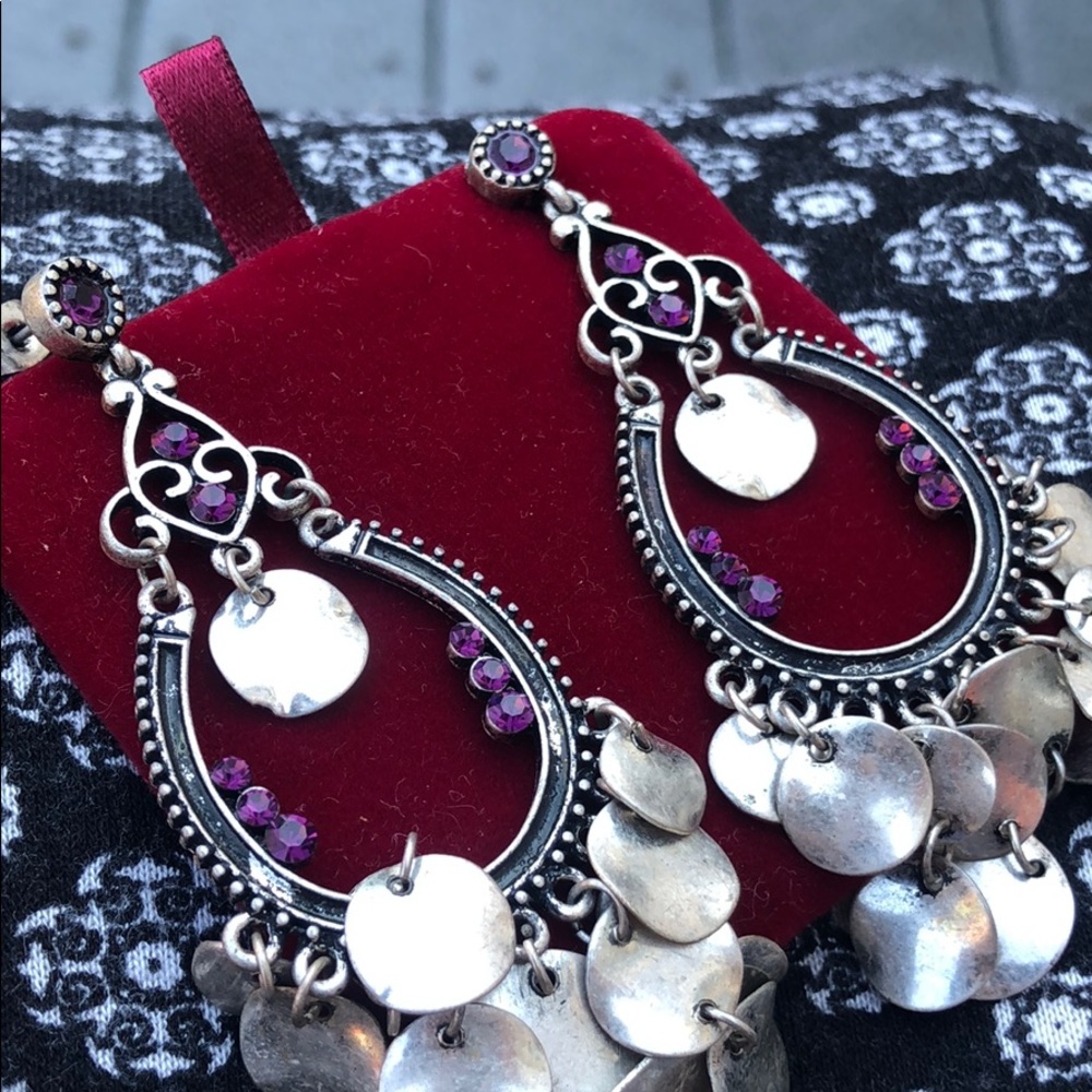 Silver Dangles With Disks And Purple Rhinestones - image 2